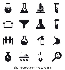 16 vector icon set : round flask, flask, microscope, vial, electrostatic, funnel, thermometer, viruses 16 vector icon set : round flask, flask, microscope, vial, electrostatic, funnel, thermometer, viruses