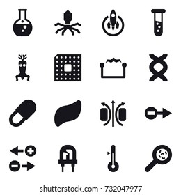 16 vector icon set : round flask, virus, rocket, vial, dna modify, cpu, electrostatic, thermometer, viruses