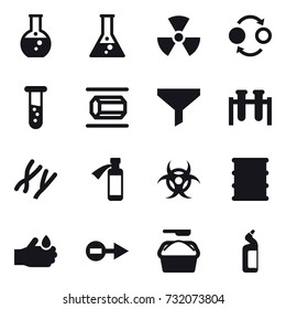16 vector icon set : round flask, flask, nuclear, quantum bond, vial, nanotube, funnel, washing powder, toilet cleanser
