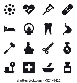 16 vector icon set : round around, first aid, mortar, pills bottle