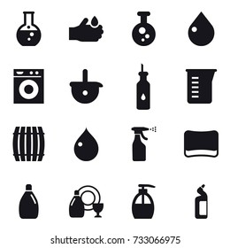 16 vector icon set : round flask, drop, washing machine, measuring cup, barrel, sprayer, sponge, cleanser, dish cleanser, liquid soap, toilet cleanser