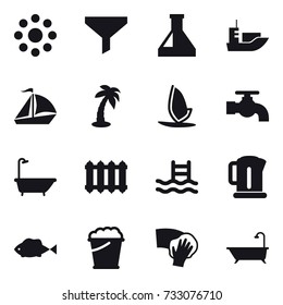 16 vector icon set : round around, funnel, sail boat, palm, windsurfing, water tap, bath, radiator, pool, kettle, foam bucket, wiping