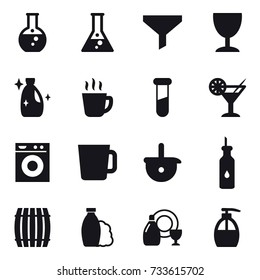 16 vector icon set : round flask, flask, funnel, wineglass, cleanser, hot drink, cocktail, washing machine, cup, barrel, shampoo, dish cleanser, liquid soap