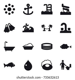 16 vector icon set : round around, pool, aquapark, flippers, surfer, palm hammock, water tap, bath, washing, inflatable pool, fish, drop, soap, toilet cleaning