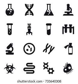 16 vector icon set : round flask, dna, flask, microscope, vial, dna modify, microb