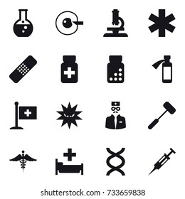 16 vector icon set : round flask, cell corection, microscope, hospital, syringe