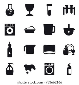 16 vector icon set : round flask, wineglass, washing machine, washing, cup, measuring cup, sponge, dish cleanser, liquid soap, spot, toilet cleanser