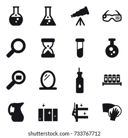 16 vector icon set : round flask, flask, telescope, smart glasses, mirror, jug, clean  window, skyscrapers cleaning, wiping
