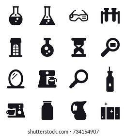 16 vector icon set : round flask, flask, smart glasses, building, mirror, coffee maker, jug, clean  window