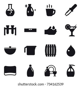 16 vector icon set : round flask, cleanser, hot drink, level, cocktail, cauldron, measuring cup, barrel, drop, sponge, dish cleanser, liquid soap