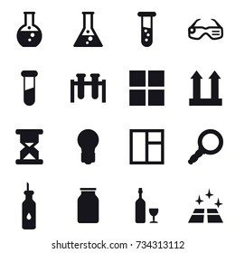 16 vector icon set : round flask, flask, vial, smart glasses, window, bulb, wine, clean floor