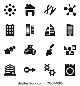 16 vector icon set : round around, home, building, skyscrapers, skyscraper, houses, modern architecture, construction, architector, washing machine