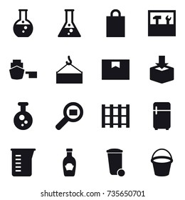 16 vector icon set : round flask, flask, shopping bag, tools, fridge, measuring cup, trash bin, bucket