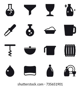 16 vector icon set : round flask, funnel, wineglass, cleanser, washing, cup, corkscrew, cauldron, measuring cup, barrel, drop, sponge, dish cleanser