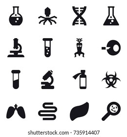16 vector icon set : round flask, virus, dna, flask, microscope, vial, dna modify, viruses