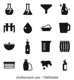 16 vector icon set : round flask, flask, funnel, cleanser, drop, washing, cup, cauldron, measuring cup, barrel, sponge, shampoo, spot, toilet cleanser