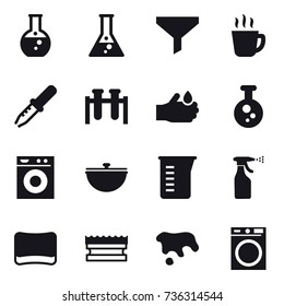 16 vector icon set : round flask, flask, funnel, hot drink, washing machine, cauldron, measuring cup, sprayer, sponge, spot