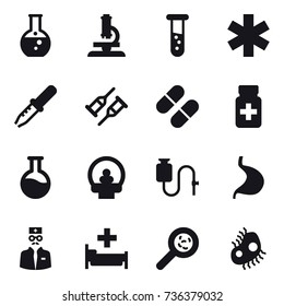16 vector icon set : round flask, microscope, vial, hospital, viruses, microb