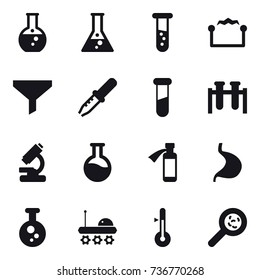 16 vector icon set : round flask, flask, vial, electrostatic, funnel, thermometer, viruses