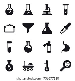 16 vector icon set : round flask, flask, microscope, vial, electrostatic, funnel, thermometer, viruses