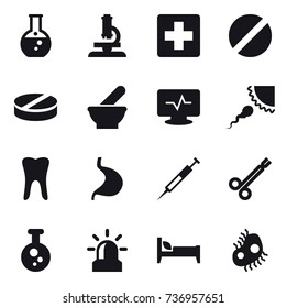 16 vector icon set : round flask, microscope, alarm, bed, microb