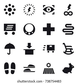 16 vector icon set : round around, lightning, eye identity, infinity power, delivery, necklace, rocking chair, slippers, field, rabbit