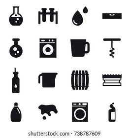 16 vector icon set : round flask, level, washing machine, cup, corkscrew, measuring cup, barrel, sponge, cleanser, spot, toilet cleanser