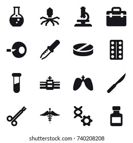 16 vector icon set : round flask, virus, microscope, pills bottle