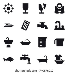 16 vector icon set : round around, life vest, yacht, inflatable mattress, water tap, washing, measuring cup, fish, bath, handle washing