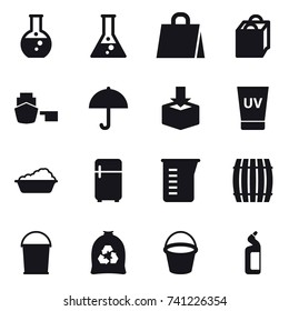 16 vector icon set : round flask, flask, shopping bag, uv cream, washing, fridge, measuring cup, barrel, bucket, garbage bag, toilet cleanser