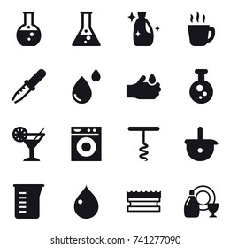 16 vector icon set : round flask, flask, cleanser, hot drink, cocktail, washing machine, corkscrew, measuring cup, drop, sponge, dish cleanser