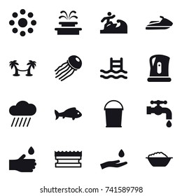16 vector icon set : round around, fountain, surfer, jet ski, palm hammock, jellyfish, pool, kettle, rain cloud, fish, bucket, water tap, hand drop, sponge, hand and drop, foam basin