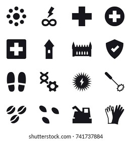 16 vector icon set : round around, infinity power, tower, gothic architecture, slippers, whisk, coffee seeds, seeds, harvester, gloves