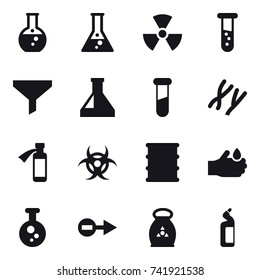 16 vector icon set : round flask, flask, nuclear, vial, funnel, fertilizer, toilet cleanser