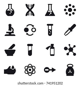 16 vector icon set : round flask, dna, flask, round around, microscope, quantum bond, vial, fertilizer