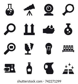 16 vector icon set : round flask, telescope, web cam, magnifier, jug, clean floor
