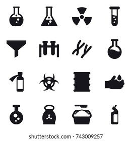 16 vector icon set : round flask, flask, nuclear, vial, funnel, fertilizer, washing powder, toilet cleanser