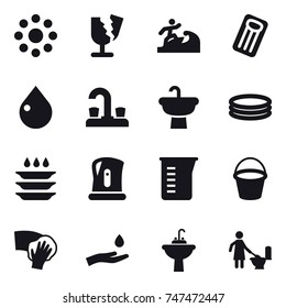 16 vector icon set : round around, surfer, inflatable mattress, drop, water tap, inflatable pool, plate washing, kettle, measuring cup, bucket, wiping, hand and drop, water tap sink, toilet cleaning