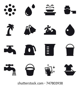 16 vector icon set : round around, fountain, palm, flippers, surfer, drop, water tap, kettle, measuring cup, bucket, wiping, handle washing