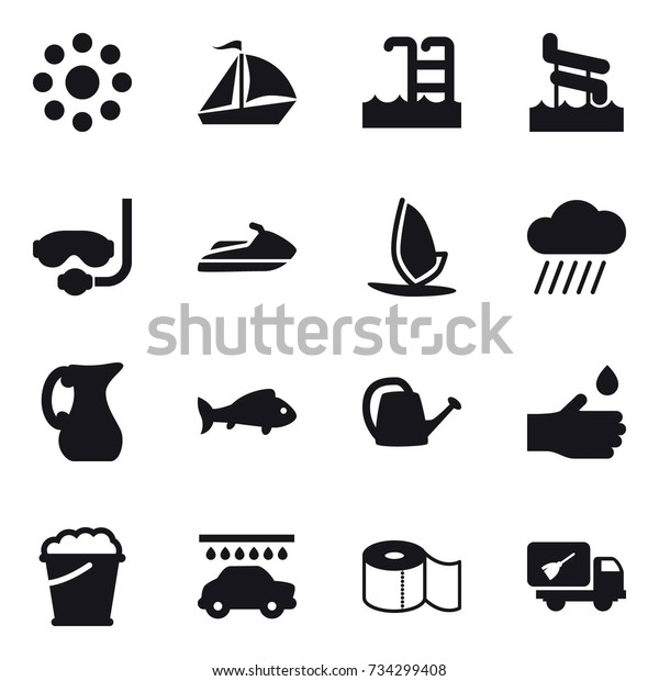 16 vector\
icon set : round around, sail boat, pool, aquapark, diving mask,\
jet ski, windsurfing, rain cloud, jug, fish, watering can, hand\
drop, foam bucket, car wash, toilet\
paper