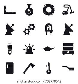 16 vector icon set : ruler, lifebuoy, vacuum cleaner, satellite antenna, pan, axe, thermometer, brush