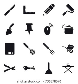 16 vector icon set : ruler, pencil, repair, construction, steam pan, kitchen scales, whisk, big fork, wheelbarrow, pruner, blower, plunger, iron board