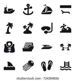 16 vector icon set : sail boat, lounger, palm, island, diving mask, surfer, life vest, cruise ship, yacht, palm hammock, shark flipper, jellyfish, flip-flops, pool