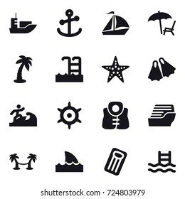 16 vector icon set : sail boat, lounger, palm, pool, starfish, flippers, surfer, handwheel, life vest, cruise ship, palm hammock, shark flipper, inflatable mattress