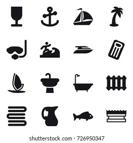 16 vector icon set : sail boat, palm, diving mask, surfer, yacht, inflatable mattress, windsurfing, bath, radiator, towels, jug, fish, sponge