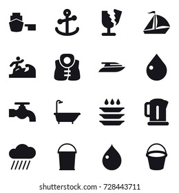 16 vector icon set : sail boat, surfer, life vest, yacht, drop, water tap, bath, plate washing, kettle, rain cloud, bucket