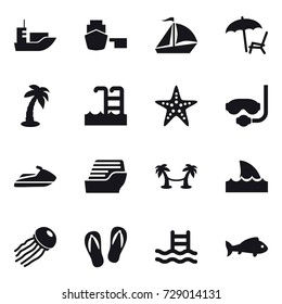 16 vector icon set : sail boat, lounger, palm, pool, starfish, diving mask, jet ski, cruise ship, palm hammock, shark flipper, jellyfish, flip-flops, fish