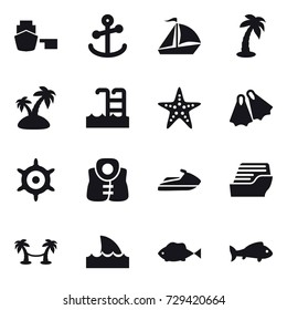 16 vector icon set : sail boat, palm, island, pool, starfish, flippers, handwheel, life vest, jet ski, cruise ship, palm hammock, shark flipper, fish