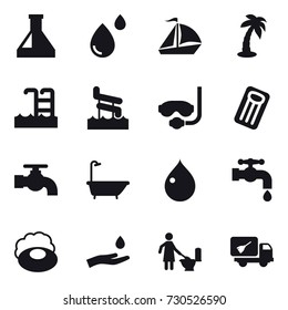 16 vector icon set : sail boat, palm, pool, aquapark, diving mask, inflatable mattress, water tap, bath, drop, soap, hand and drop, toilet cleaning, home call cleaning