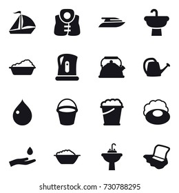 16 vector icon set : sail boat, life vest, yacht, washing, kettle, watering can, drop, bucket, foam bucket, soap, hand and drop, foam basin, water tap sink, floor washing